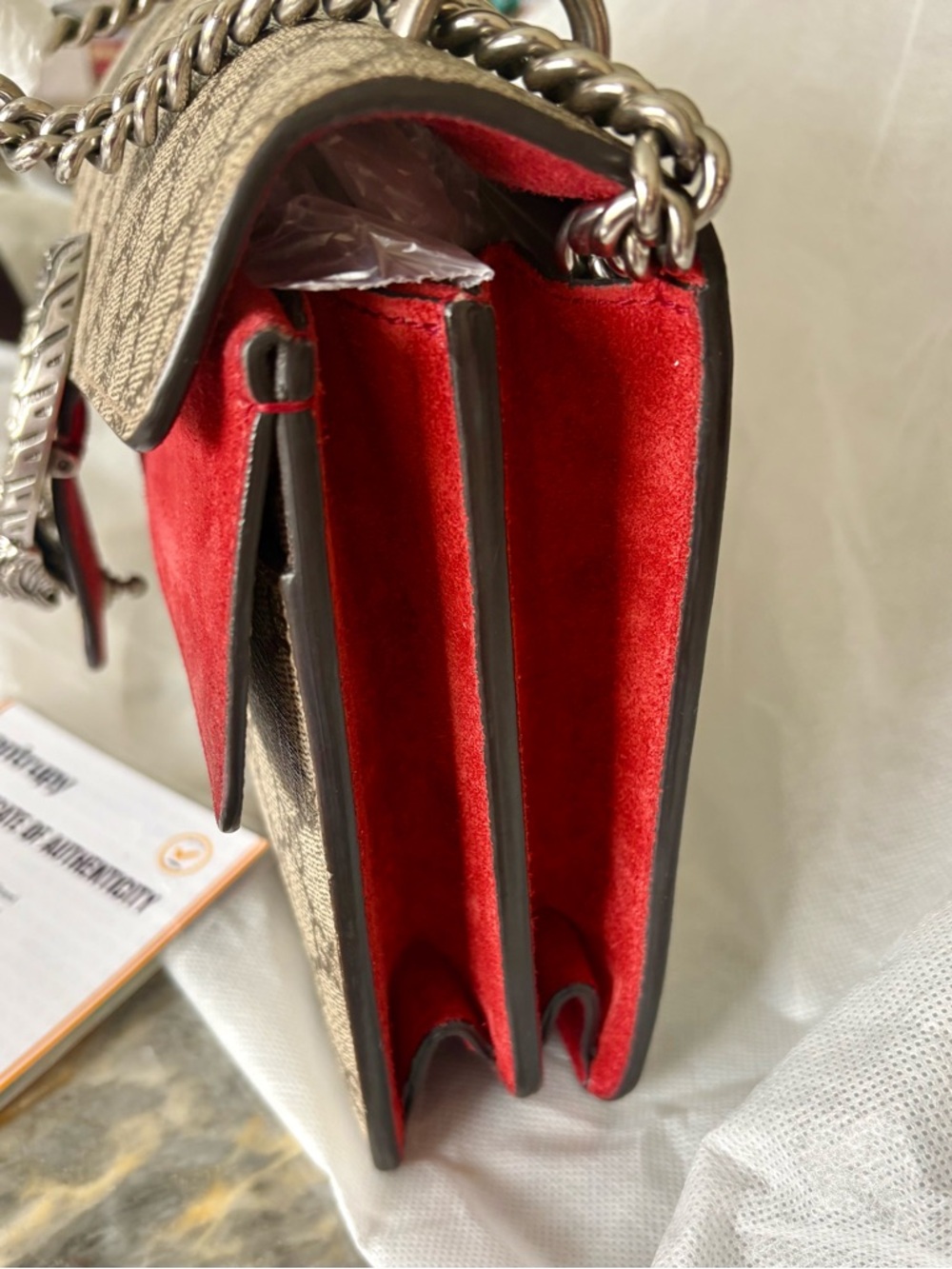 CERTIFIED GUCCI Dionysus Beige GG Supreme Canvas Shoulder Bag Red Suede Stripe ! - Picture 5 of 15